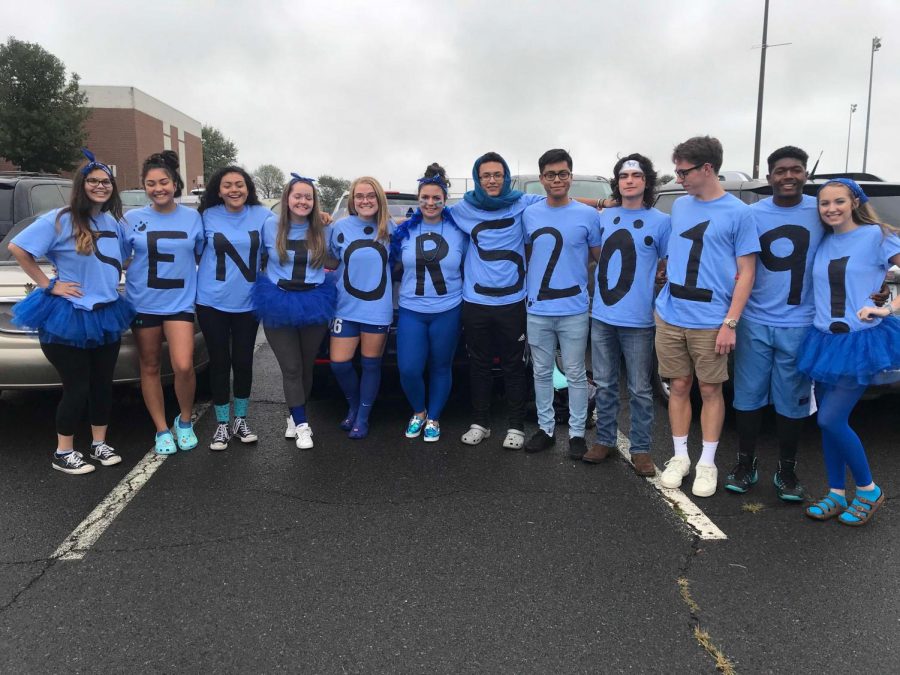 A group of seniors show their school spirit on class color day.