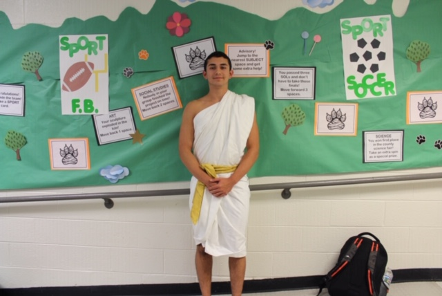 Senior Klayton Ewing dressed out in his toga for the seniors toga day.