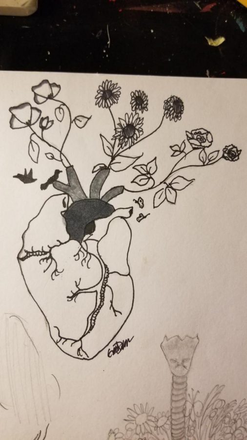 I found inspiration for this piece while looking at nature. The heart is the source of the body. It gives life to it. Nature is the same for the world. Before humans came, the world was filled with lush forests and healthy animals. So, I kind of combined the two in this piece.