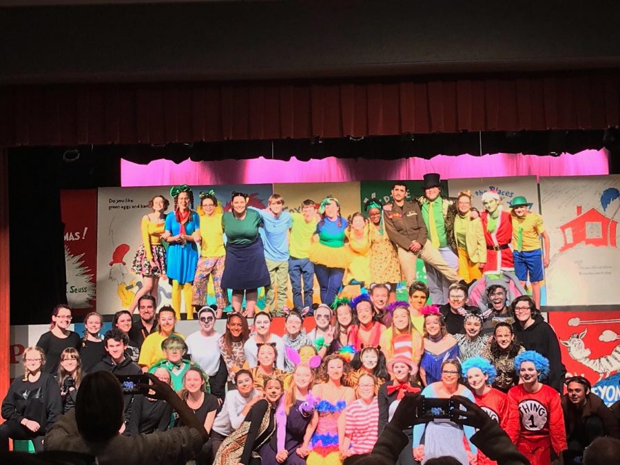 The+Seussical+cast+poses+for+an+ensemble+photo+after+their+opening+night+performance.+The+show+closed+March+30th%2C+2019.