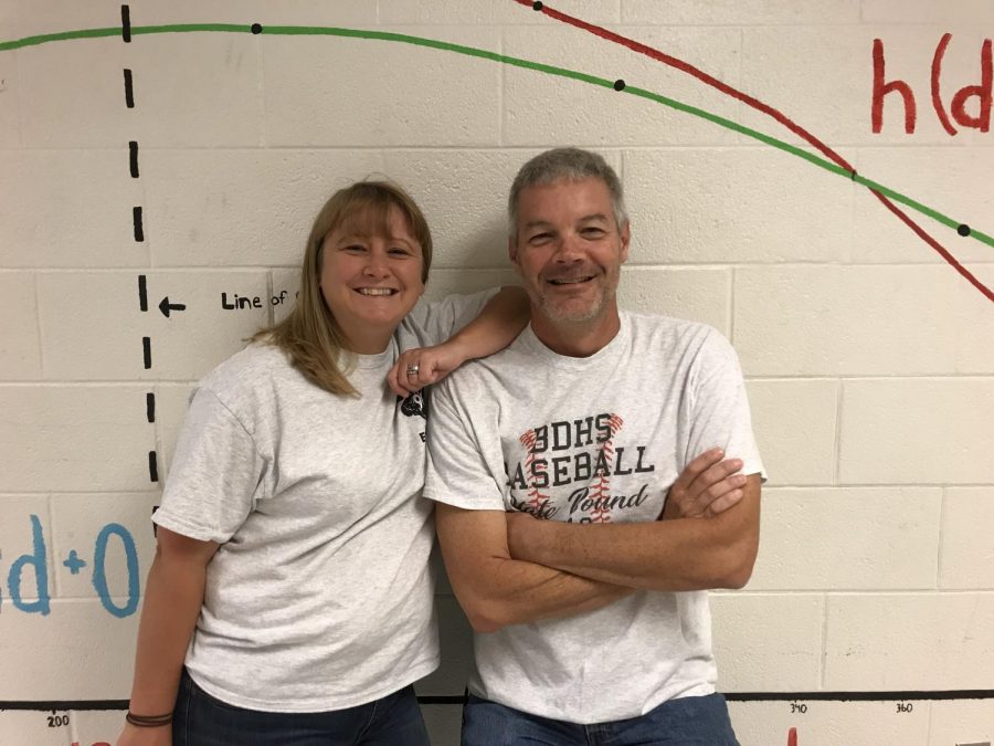 Ms. Forst and Mr. Knight pose in the math hallway.