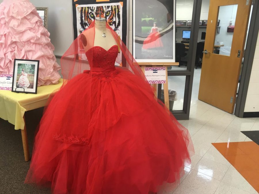 Katherine Marroquins Quinceanera dress, in the library on display