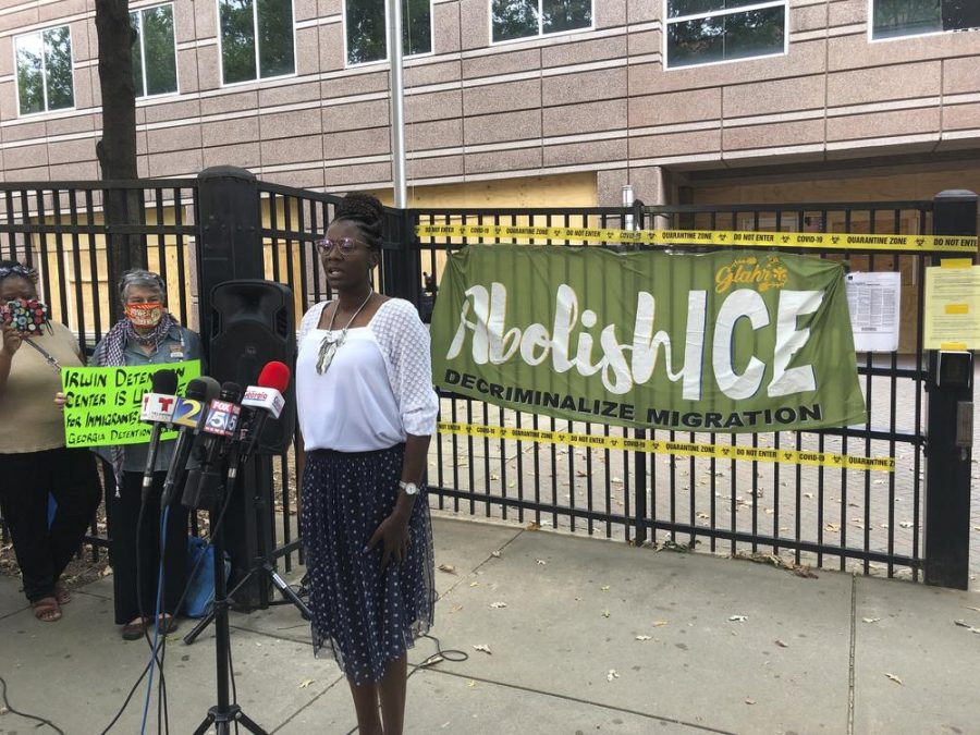 Dawn Wooten, former nurse at Irwin County Detention Center, speaking at the protest in Atlanta, Georgia on the conditions in the immigration jail, Sept. 15, 2020.  