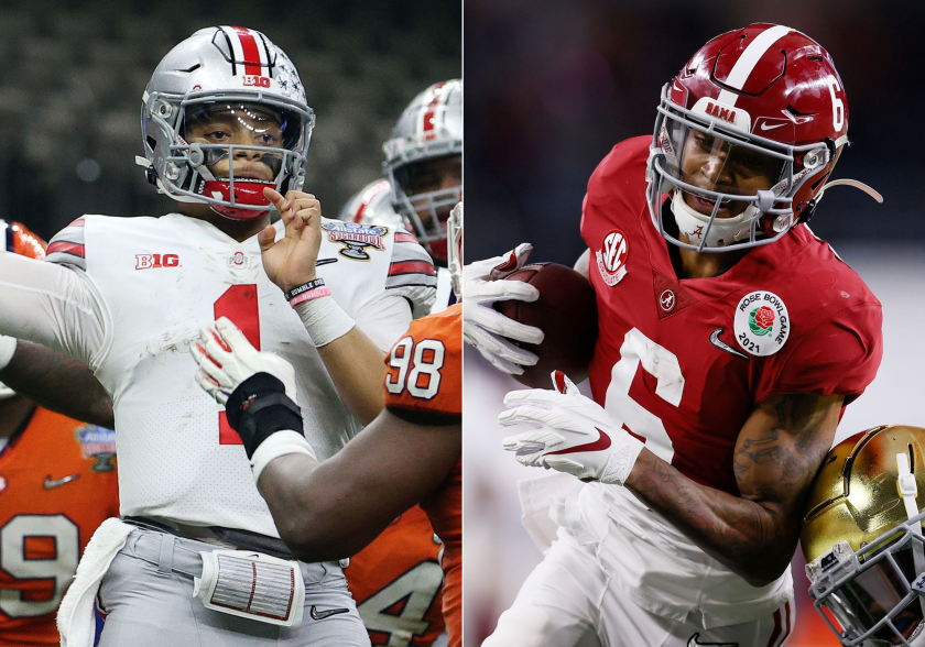 Justin Fields (left) and DeVonta Smith (right) look to lead their teams on the field